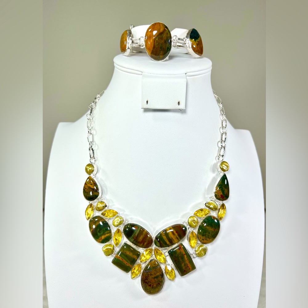 Bloodstone Citrine 925 Large Gemstone Necklace & Bracelet